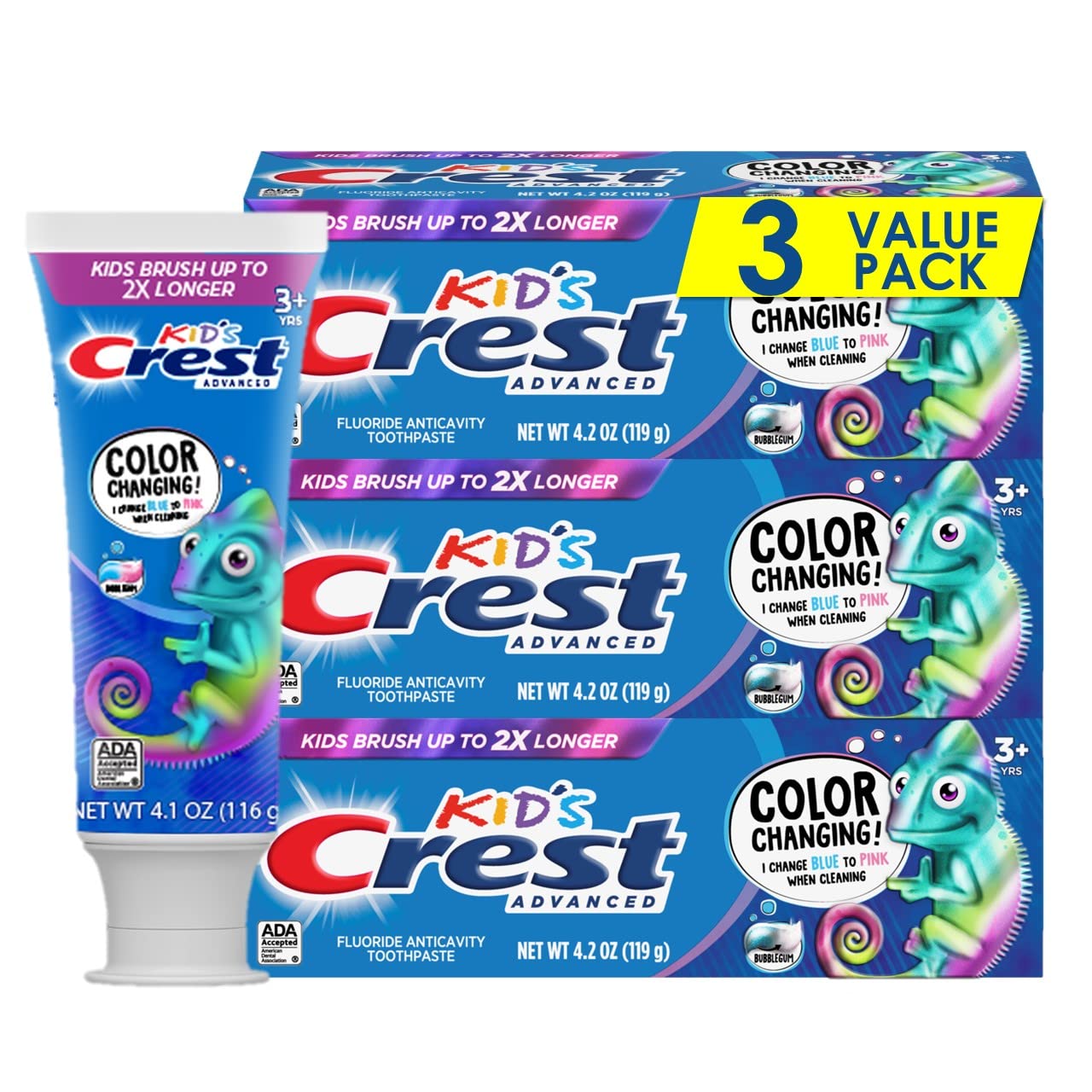 Дитяча Зубна Паста, о змінює колір після 2х хвилин чиення Crest Kids Fluoride зі смаком жуйки 119 g